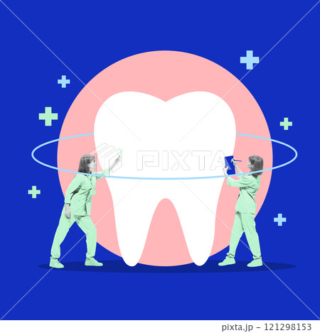 Poster. Contemporary art collage. Dental professionals examining large tooth, promoting precision and care provided under health insurance. Poster. Contemporary art collage. Dental professionals examining large tooth, promoting precision and care provided under health insurance. 121298153