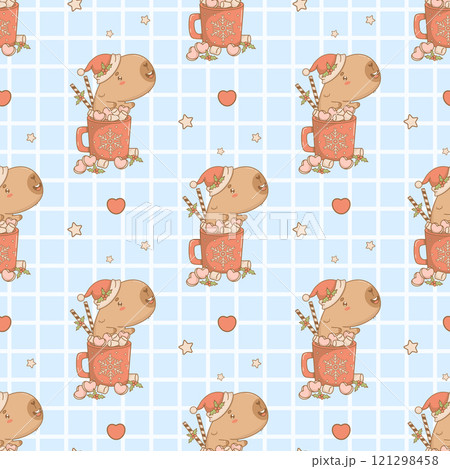 Christmas Seamless pattern. Cute Capybara Santa in cup Hot Cocoa with Marshmallows on blue checkered background. New Year Funny cartoon kawaii character backdrop. Vector illustration. Kids collection. Christmas Seamless pattern. Cute Capybara Santa in cup Hot Cocoa with Marshmallows on blue checkered background. New Year Funny cartoon kawaii character backdrop. Vector illustration. Kids collection. 121298458