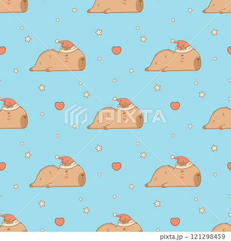 Christmas Seamless pattern. Cute sleeping Capybara Santa on blue background. New Year Funny cartoon kawaii character backdrop. Vector illustration. Kids holiday collection. 121298459