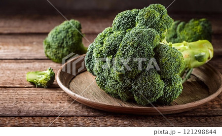 Bunch of fresh green broccoli over wooden background Bunch of fresh green broccoli over wooden background 121298844