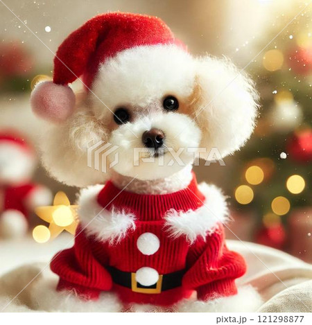 サンタの帽子をかぶったトイプードル 121298877