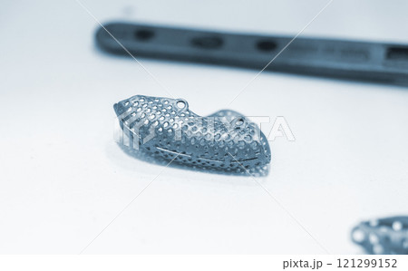 Titanium dental membranes for directed bone regeneration printed on 3D printer on white background. Membrane for lower jaw printed from biocompatible titanium powder. Implants and prostheses 121299152