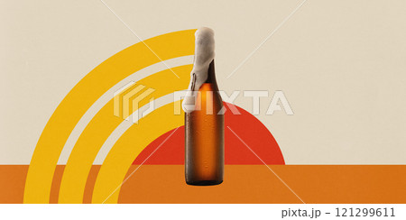 Poster. Contemporary art collage. Dark beer glass overlaid with dynamic zigzag and curved patterns in vivid tones. Bauhaus elements. Poster. Contemporary art collage. Dark beer glass overlaid with dynamic zigzag and curved patterns in vivid tones. Bauhaus elements. 121299611
