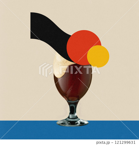 Poster. Contemporary art collage. Foamy beer bottle with retro geometric shapes in bold colors, evoking cheerful celebration vibes. Inspired by Bauhaus style design aesthetics. Poster. Contemporary art collage. Foamy beer bottle with retro geometric shapes in bold colors, evoking cheerful celebration vibes. Inspired by Bauhaus style design aesthetics. 121299631