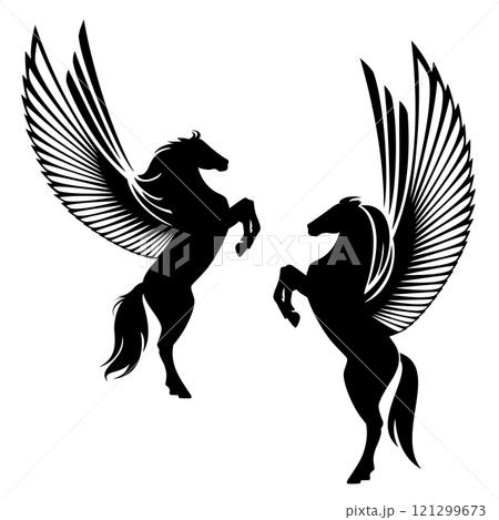 pegasus winged horse rearing up black vector silhouette set pegasus winged horse rearing up black vector silhouette set 121299673