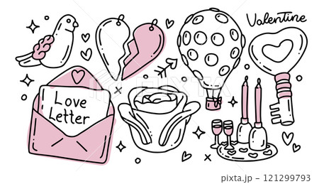 Cute hand drawn romantic doodle clipart, imperfect aesthetic of valentines day elements set. Linear vector illustration - love letter, dove, hot air balloon, romantic dinner Cute hand drawn romantic doodle clipart, imperfect aesthetic of valentines day elements set. Linear vector illustration - love letter, dove, hot air balloon, romantic dinner 121299793