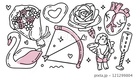 Love theme simple doodle elements set for cute romantic design. Wedding elements, hearts icons. Valentines day. Love clipart, bow and arrow, cupid, swan, rose, human heart. Linear hand drawn vector 121299804