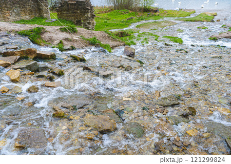 Slovenian keys or streams of the Twelve Apostles, natural and tourist object, Orthodox shrine. Russia, Pskov Region. Izborsk fortress. High quality photo Slovenian keys or streams of the Twelve Apostles, natural and tourist object, Orthodox shrine. Russia, Pskov Region. Izborsk fortress. High quality photo 121299824