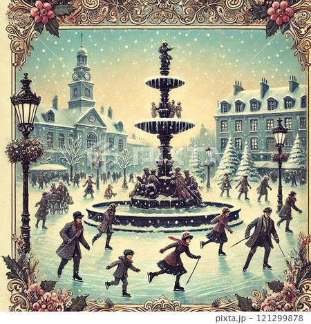 水彩で描いた雪の降る街の風景画 121299878