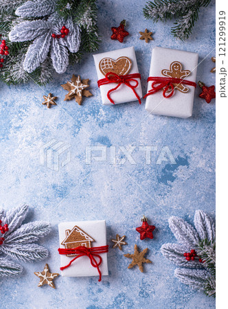Christmas festive background with gift boxes Christmas festive background with gift boxes 121299919