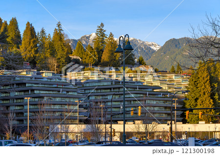 Luxury apartments residential complex and market place on winter season Luxury apartments residential complex and market place on winter season 121300198