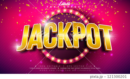 Jackpot 3D Text Effect Design Editable and Scalable Vector Graphic Style Effect with Shadow and Gold White Typography Lettering and Light Bulb Billboard on Red Background. Premium Luxury Illustration 121300201