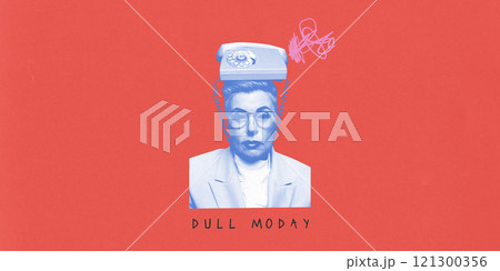 Poster. Contemporary art collage. Woman in blue filr. with retro telephone on head, symbolizing chaotic thoughts and disconnect during dull Monday. Poster. Contemporary art collage. Woman in blue filr. with retro telephone on head, symbolizing chaotic thoughts and disconnect during dull Monday. 121300356