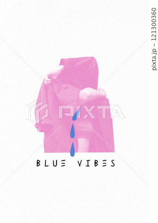 Poster. Contemporary art collage. Pink person shedding blue tears, illustrating vulnerability and sadness in post-party silence. Simplicity highlights emotional depth. 121300360