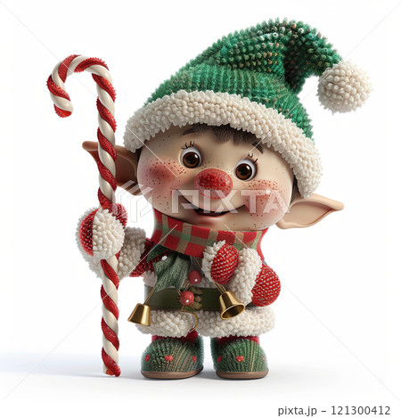 Cute Christmas elf character with candy cane, wearing festive green and red outfit, smiling joyfully. Perfect for holiday decorations and festive themes 121300412