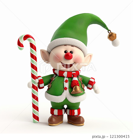 Cute Christmas elf holding candy cane, wearing green outfit with red accents, and cheerful expression. Perfect for holiday decorations and festive themes 121300415