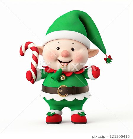 Cute Christmas elf holding candy cane and bell, wearing green outfit with red accents, spreading holiday cheer and joy. Perfect for festive decorations and celebrations 121300416