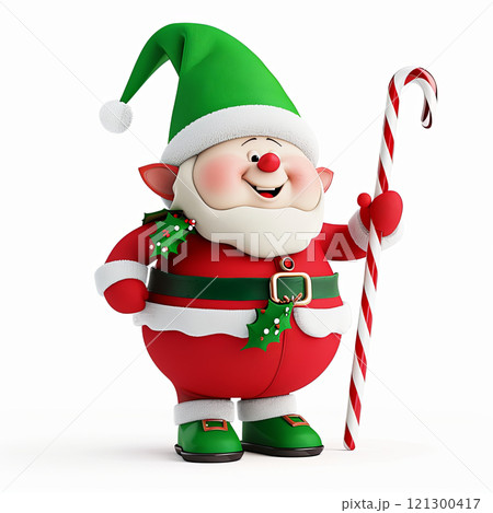 Cheerful cartoon Santa Claus in green hat, red suit, and holding candy cane, embodying festive spirit of Christmas 121300417