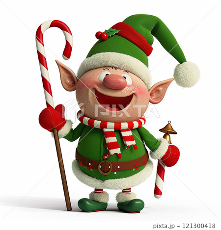 Cute cartoon elf with candy cane and festive attire, spreading holiday cheer. Perfect for Christmas themes and decorations 121300418