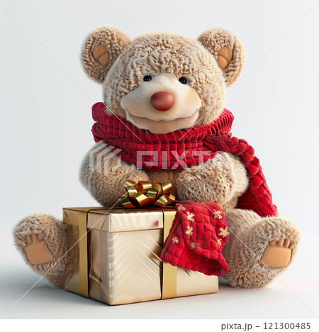 cute teddy bear wearing red scarf sits beside beautifully wrapped gift, evoking warm holiday spirit. Perfect for Christmas celebrations and festive decorations cute teddy bear wearing red scarf sits beside beautifully wrapped gift, evoking warm holiday spirit. Perfect for Christmas celebrations and festive decorations 121300485