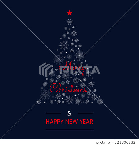 Merry Christmas and New Year background. Christmas tree with snowflakes. Minimalist Christmas banner template with abstract Christmas tree on dark blue background Merry Christmas and New Year background. Christmas tree with snowflakes. Minimalist Christmas banner template with abstract Christmas tree on dark blue background 121300532