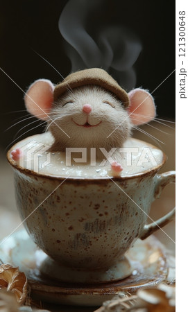 Handcrafted toy mouse, designed with delicate fabric details, lounging peacefully in whimsical ceramic cup filled with warm, frothy chocolate 121300648