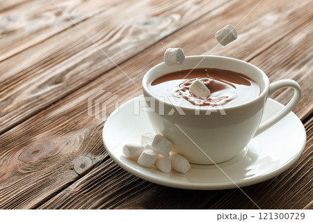 marshmallows falling in cocoa in cup on wooden table 121300729