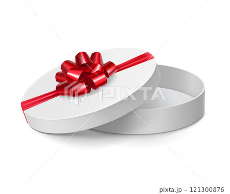 Opened round cardboard box with red ribbon bow Opened round cardboard box with red ribbon bow 121300876