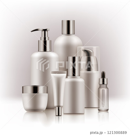 Realistic luxury premium brand set of cosmetic bottles, mockup, 3D 121300889