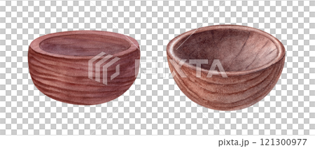 Wooden empty bowls clip art watercolor illustration in rustic style. Kitchen dark brown utensil for cereal, Acai. Cooking handmade tools for food. Template for home decor, cookbook, recipe Wooden empty bowls clip art watercolor illustration in rustic style. Kitchen dark brown utensil for cereal, Acai. Cooking handmade tools for food. Template for home decor, cookbook, recipe 121300977