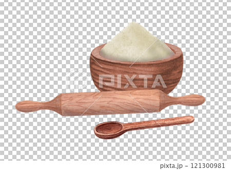 Wooden handcraft bowl with flour, rolling pin and spoon watercolor illustration. Natural kitchen utensils with wood texture perfect for cooking food, dough. Composition for recipe design 121300981