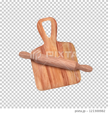 Wooden cutting board with smooth edges. Old handmade light brown food utensil. Horizontal surface. Chopping board with wood texture and handle. Top view. Watercolor illustration. Copy space for text. 121300982