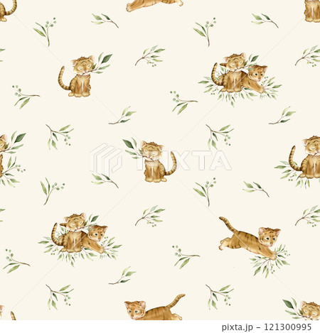 Seamless pattern with cute kawaii two tigers jumping and sitting with green branch eucalyptus. Watercolor hand drawn illustration african animal isolated. Cartoon kids print. Seamless pattern with cute kawaii two tigers jumping and sitting with green branch eucalyptus. Watercolor hand drawn illustration african animal isolated. Cartoon kids print. 121300995