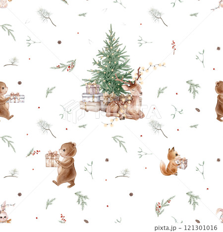Seamless pattern with watercolor illustration of Christmas tree and pine branches, needle and baby deer with garland. Hand painted animals: bear and fox and hare with scarves. Repeat background. 121301016