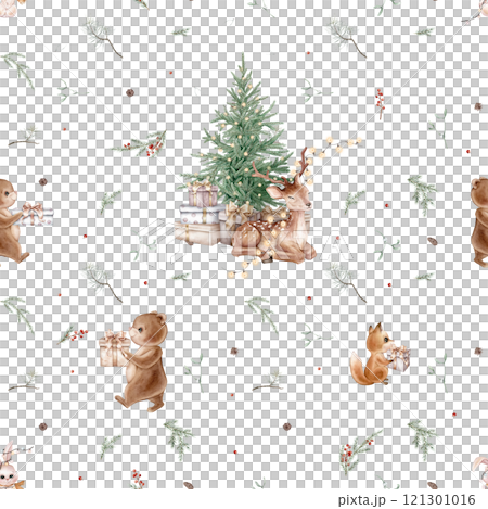 Seamless pattern with watercolor illustration of Christmas tree and pine branches, needle and baby deer with garland. Hand painted animals: bear and fox and hare with scarves. Repeat background. Seamless pattern with watercolor illustration of Christmas tree and pine branches, needle and baby deer with garland. Hand painted animals: bear and fox and hare with scarves. Repeat background. 121301016