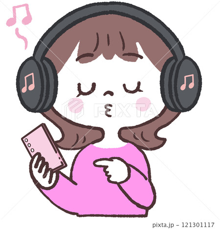 スマホのBluetoothで音楽を聴く女性のイラスト 121301117