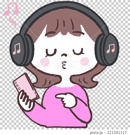 スマホのBluetoothで音楽を聴く女性のイラスト 121301117
