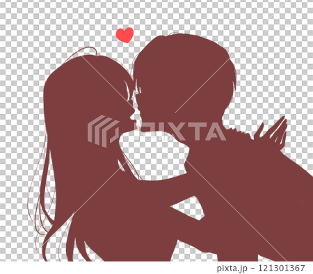 Man and smiling woman about to kiss silhouette Man and smiling woman about to kiss silhouette 121301367