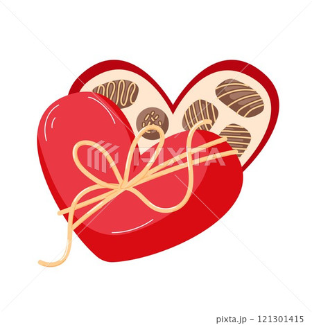 Opened heart shaped red box with chocolate candies, ribbon, bow in cartoon style for Valentines Day love holiday. Romantic dessert for present isolated on white background. Opened heart shaped red box with chocolate candies, ribbon, bow in cartoon style for Valentines Day love holiday. Romantic dessert for present isolated on white background. 121301415