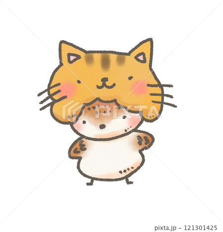猫の帽子を被ったかわいいすずめのデフォルメ線画イラスト 121301425