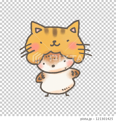 猫の帽子を被ったかわいいすずめのデフォルメ線画イラスト 121301425