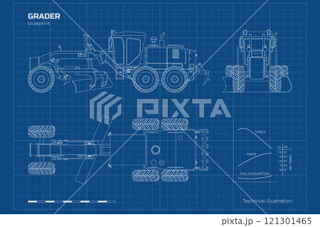 Outline grader drawing. Industrial cargo transport. Side, top and front view of construction vehicle. Contour machine blueprint 121301465