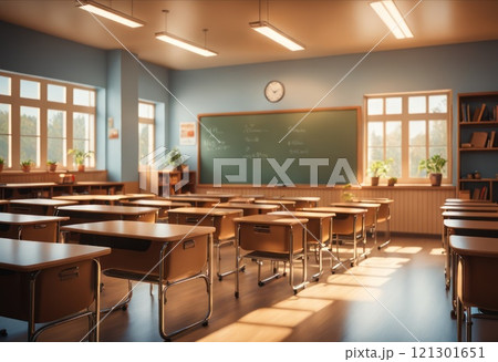 School empty classroom with desks and chair iron wood for studying lessons in high school, interior of secondary education, with whiteboard, vintage tone educational concept. First day in school. AI School empty classroom with desks and chair iron wood for studying lessons in high school, interior of secondary education, with whiteboard, vintage tone educational concept. First day in school. AI 121301651
