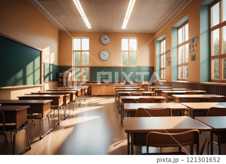 School empty classroom with desks and chair iron wood for studying lessons in high school, interior of secondary education, with whiteboard, vintage tone educational concept. First day in school. AI School empty classroom with desks and chair iron wood for studying lessons in high school, interior of secondary education, with whiteboard, vintage tone educational concept. First day in school. AI 121301652