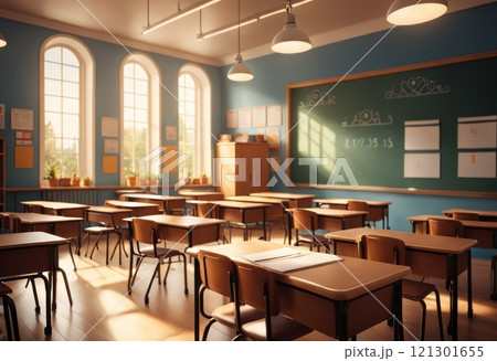 School empty classroom with desks and chair iron wood for studying lessons in high school, interior of secondary education, with whiteboard, vintage tone educational concept. First day in school. AI 121301655