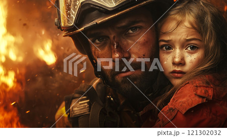 A firefighter helps a little girl, symbolizing heroism, compassion, and dedication to saving lives. The concept of bravery, rescue, and protection in emergencies. Generative AI. 121302032
