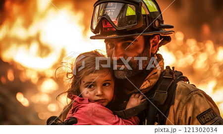 A firefighter helps a little girl, symbolizing heroism, compassion, and dedication to saving lives. The concept of bravery, rescue, and protection in emergencies. Generative AI. 121302034