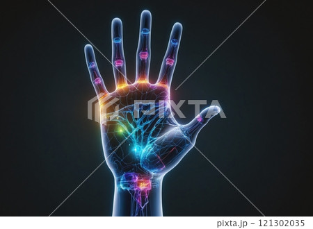 hologram of hand on black background. Futuristic transformation of technology 121302035