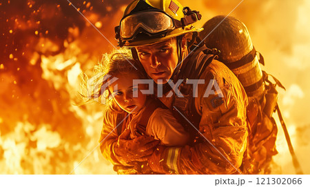 A firefighter helps a little girl, symbolizing heroism, compassion, and dedication to saving lives. The concept of bravery, rescue, and protection in emergencies. Generative AI. 121302066