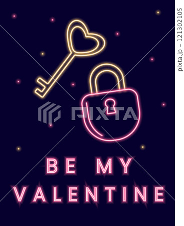 Neon illustration with padlock, key and the inscription Be my Valentine. Poster on the theme of Valentines Day. Vector illustration in pink and yellow color. Valentine card. Neon illustration with padlock, key and the inscription Be my Valentine. Poster on the theme of Valentines Day. Vector illustration in pink and yellow color. Valentine card. 121302105